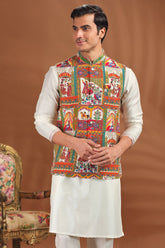 Off White Silk Kurta Pajama with Printed Jacket